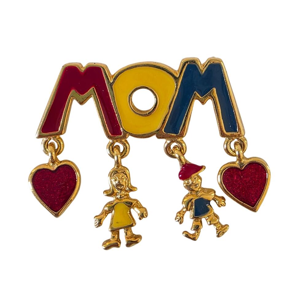 Vintage MOM Brooch with Dangling Hearts and Kids Gold Tone Red Yellow Blue